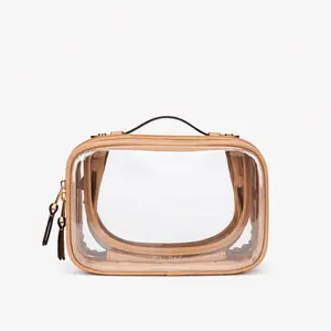 Small Clear Cosmetic Case for Travel – Double Layer Makeup Organizer Bag (Caramel, Waterproof & Structured)