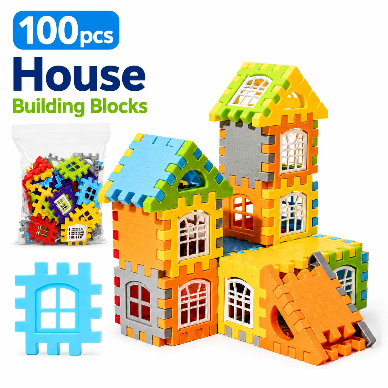100pcs Bright Unisex Construction Building Blocks for 8-10 Yrs Kids, Colorful Interlocking 3D Toy with Roofs, Windows, Wall Panels, Frame Pieces, Screen-Free Creative Set