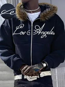 Y2K Oversized Faux Fur Trim Zip Up Hoodie Jacket for Men/Women | Los Angeles Script Graphic Black Warm Fleece Streetwear Outerwear