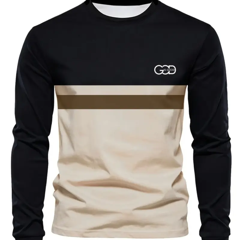 Men's 3D Color Block Printed Long Sleeve T-Shirt, Crew Neck Stretch, Casual Sports Streetwear Style with Elastic Stretchy Fabric, Perfect for Fall & Winter, Comfortable Fitted Design