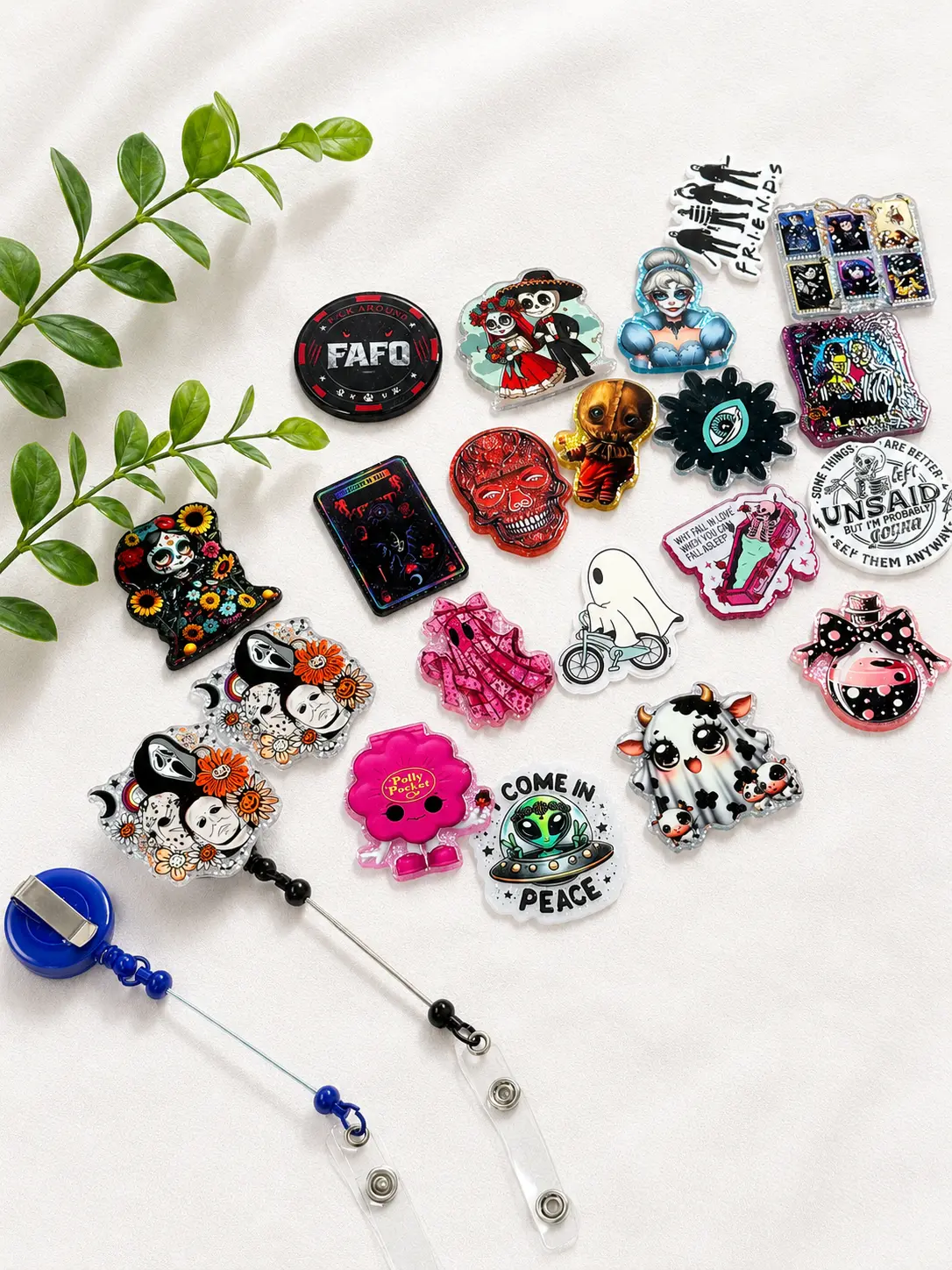 Unisex Halloween Acrylic Badge Blanks - 20pcs Skulls/Aliens Assorted Spooky Designs for DIY Badge Reels, ID Holders, Keychains