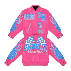 “Skorch Pink” Leather Racing Team Jacket pink sports outerwear & hoodies cold wash