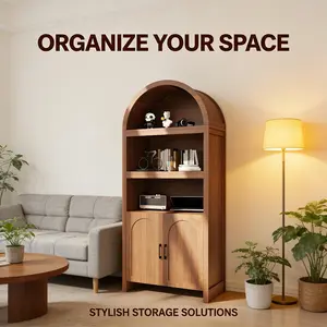LH-High-Grade Storage Cabinet with Sturdy Construction Easy to Assemble for Home Storage and DecorationModern Classic 71" Arched Storage Cabinet with Mid Century Doors, 5 Tier Arched Bookcase