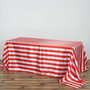 Satin Rectangle Tablecloth 90"x132" Red/White Striped Design - Durable & Seamless Table Cover for Modern Tablescapes