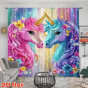 2D Flat 2Pcs Unicorn Pattern Curtains, Fantasy Rainbow Gradient Backdrop, Cartoon Animal Theme, Semi Sunshade, Pole Pocket, Aesthetic Room Decor for Living, Bedroom, Dining, Kids', Anti Privacy Window Decoration .