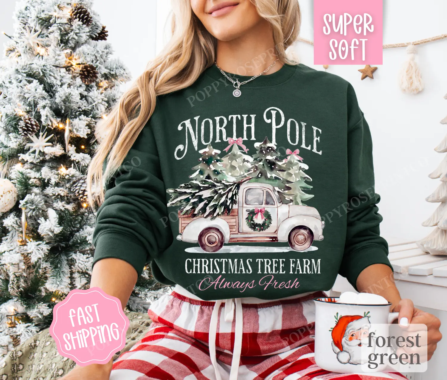 North Pole Christmas Tree Farm Sweatshirt, Christmas Sweater, Women's Holiday Crewneck