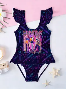 Girls Kpop Demon Hunters Neon Wind One-Piece Swimsuit, Starry Sky Bottom & Idol Group Print, Colorful Hem Design for Beach, Ages 1-8