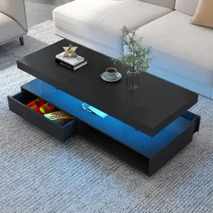 Modern Coffee Storage Table with 16 Colors LED Lights, Double Layer Design with Drawers for Living Room