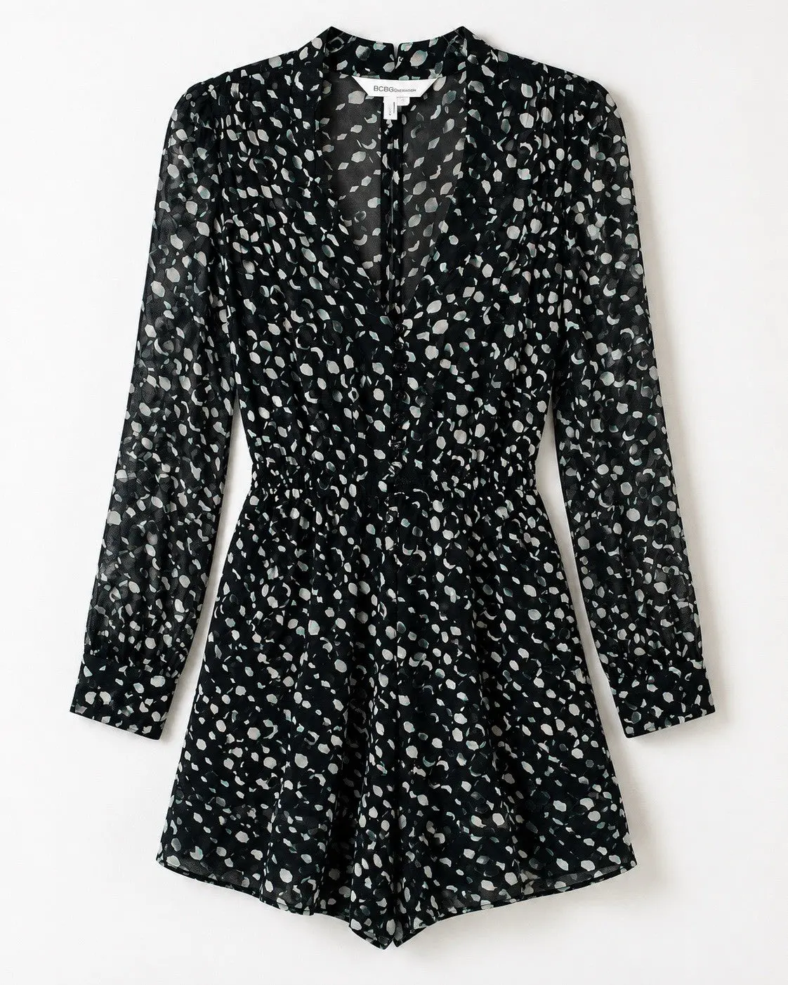 BCBG Generation Romper Small Black Sheer Long Sleeve Print Boho Chic