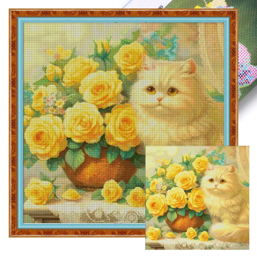 Cat Printed Cross Stitch Kit - 14CT Cotton Embroidery Kit, 61x61cm Manual DIY Needlework with Guide Graphic, Unique Gift for Home Decor