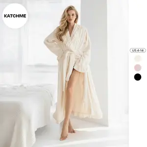 KatchMe Women's Basic Winter Thermal Solid Color Flounce Waist Tie Side Pocket Wrap Robe, Cozy Sleepwear & Loungewear, Soft Homewear for Lady