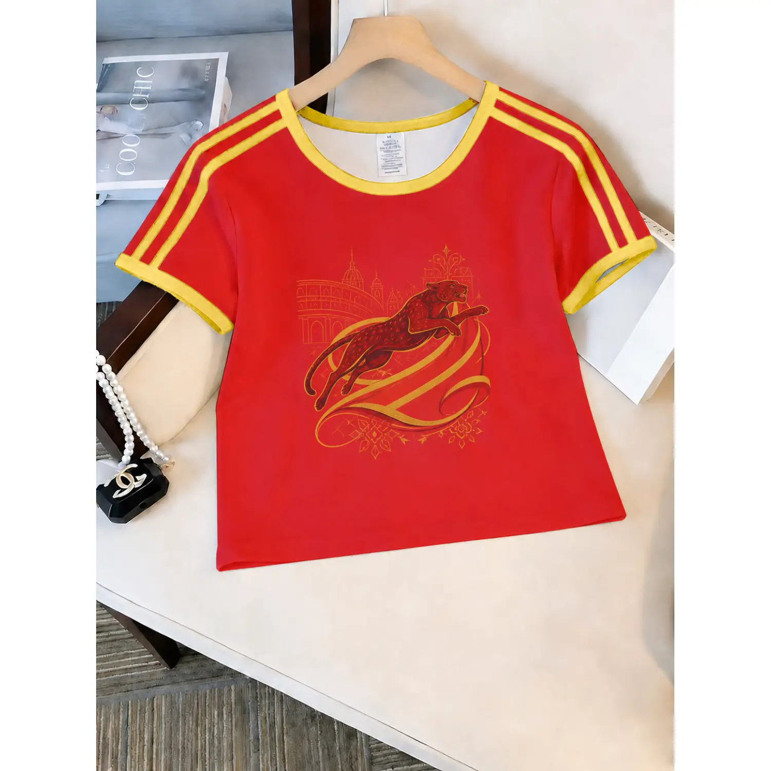 Women's Red and Yellow Short Sleeve Graphic Jersey with Contrast Trim and Sporty Design