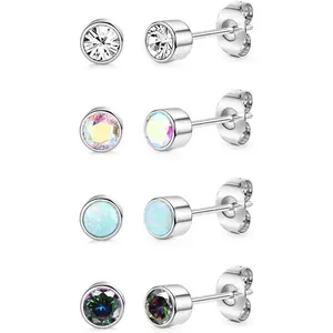MILACOLATO 4 Pairs Titanium Earrings for Women Men Hypoallergenic Cubic Zirconia Opal Stud Earrings G23 Titanium Piercing Sleeper Cartilage Stud Earrings Set for Sensitive Ears 3/4/5MM