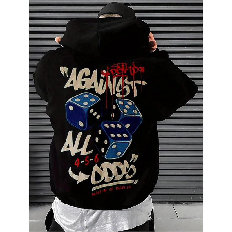 Men Against All Odds Graphic Hoodie With Dice Print And Kangaroo Pocket For Fall Winter Outdoor Wear