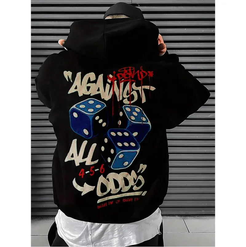 Men Against All Odds Graphic Hoodie With Dice Print And Kangaroo Pocket For Fall Winter Outdoor Wear