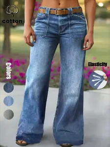 Retro Elastic Wide Leg Cotton Jeans, Casual Comfy Denim Jeans for Daily Wear, Women's Bottoms for All Seasons