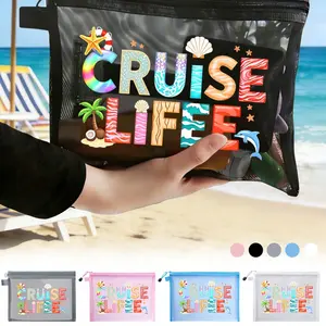 Colorful Mesh Makeup Bag with Cruise Life Pattern, Portable Storage Organizer, Summer Vacation Essential Travel Gift, Fun and Fresh Design