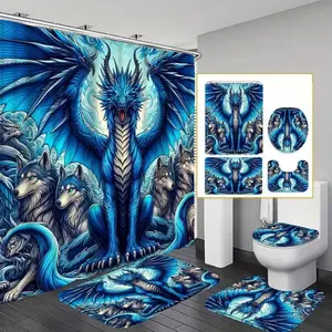 Dragon Pattern Bathroom Decor Set, 4 Piece Includes Shower Curtain, U-Shaped Toilet Pad, Bath Mat, Toilet Lid Cover, Bathroom Accessories