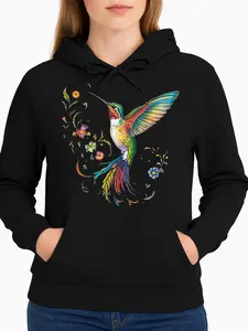 Hummingbird Hoodie Black Colorful Bird Floral Design For Casual Wear Unisex Winter Cozy Fleece Long Sleeve Sweatshirt Made In Usa