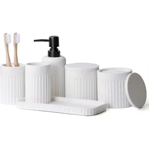Bathroom Accessory Set - 6 Pieces Bathroom Accessories Set Complete with Soap Dispenser, Toothbrush Holders, Tumbler, Vanity Tray and 2 Qtip Holder for Home Organizer and Decor, White