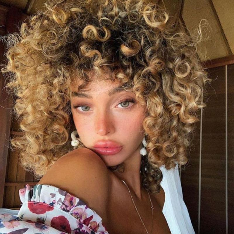 Blonde Curly Afro Wigs for Black Women with Dark Roots Kinky Fluffy Synthetic Wig Daily Costume Cosplay Wigs