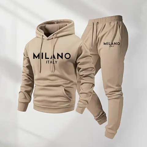 Men's 2-Piece Minimalist Milano Printed Letters Knitting Tracksuit - Polyester Knit Gym Matching Set (Long Sleeve Hoodie & Loose Drawstring Sweatpants), Casual Fit, Machine Washable, Fall Winter Male Athleisure, Casual Ootd, Outfit Inspiration, Mensfashio