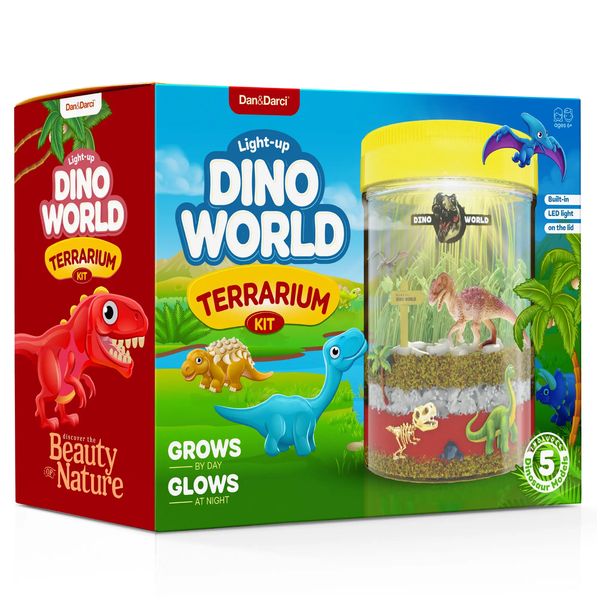 Dan&Darci Light-Up Dinosaur Terrarium Kit for Kids - DIY Mini Garden with Soil, Seeds & Glowing LED Lid - Creative STEM Science Experiment Kit