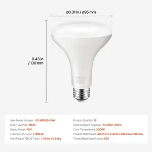 VEVOR BR30 Flood Light Bulb, 12 Pack LED Indoor Flood Lights, 850 Lumens LED Flood Light Bulbs, E26 Standard Base, 3000K Warm Light, 15, 000 Hour Lifetime, Stepless Dimmable Recessed Can Light Bulbs