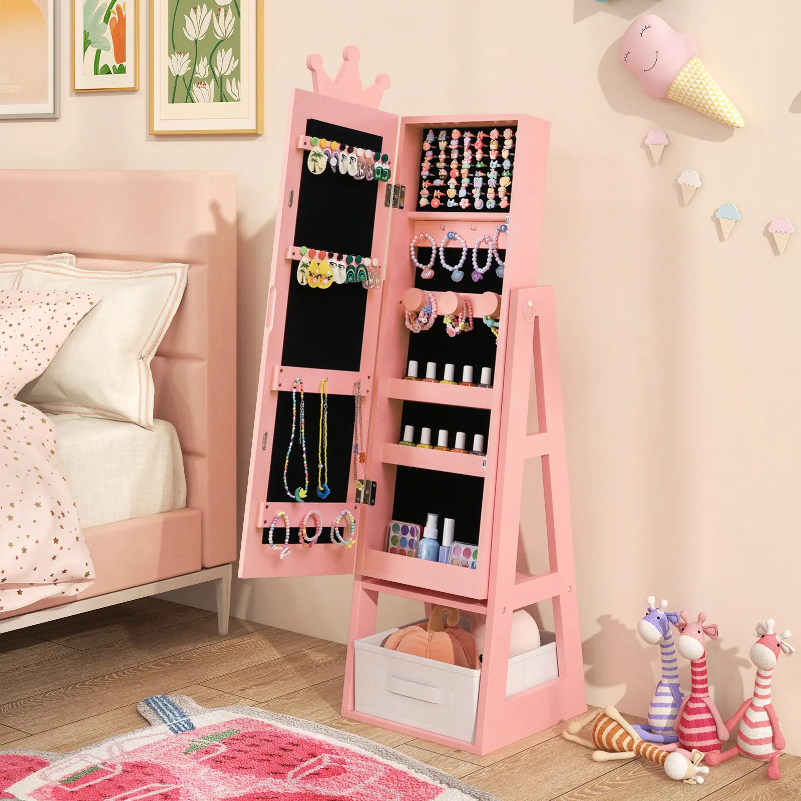 COSTWAY - Free-Standing Full Length Kids Jewelry Armoire Cabinet with Storage Capacity-Pink