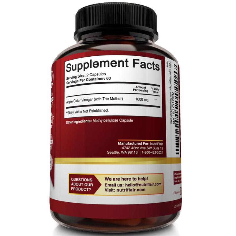 NutriFlair Apple Cider Vinegar with the Mother 1600mg, Gut Health Support Dietary Aid - 120 Capsules Edible Healthcare