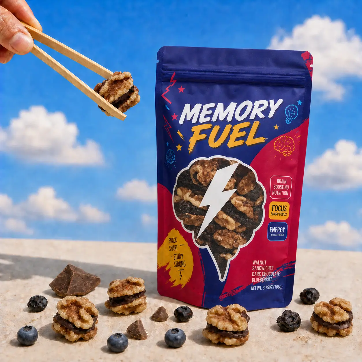 Memory Fuel - Snack Bag w/ Walnuts, Dark Chocolate & Dried Blueberries for Brain Nutrition