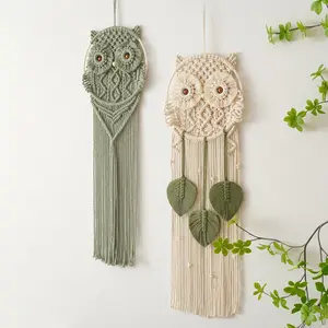 Handmade Owl Motif Macrame Art Tapestry Set - Hangable Beige Wall Decor, Soft Yarn Fabric, Wooden Eye Ornaments, Dream Catcher for Living Room, Vintage Teen Room (Housewarming, Birthday Gifts)