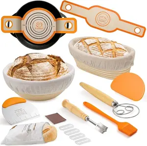Sourdough bread baking supplies Set, 10 Inch Oval & 9 Inch Round Banneton Bread Proofing Basket with Linen Liner, Silicone Bread Sling, Danish Dough Whisk, Bread Lame, Bowl Scraper, Dough Scraper Kit