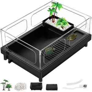 Small Turtle Tank Aquarium Acrylic Terrarium with Basking Platform Bottom Drainage Multi-Function Areas for Turtles Crabs Crayfish Reptiles (Black)