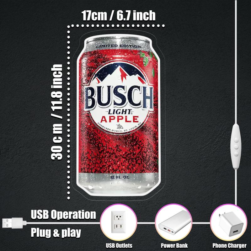 Busch Apple Neon Sign LED Wall Light 6.7x11.8 inch Beer Can Decor, USB Powered Acrylic Panel Light, Pre-Drilled Holes Easy to Hang, Funny Bar Pub Man Cave Game Room Decor
