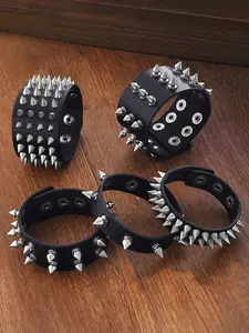 5-Piece Assorted Spiked Stud Faux Leather Bracelet Set - Adjustable Multi-Snap Hole Punk Wrist Cuffs with Gradient Density Silver Cone Rivets, Goth Edgy Layering Jewelry for Rave Streetwear