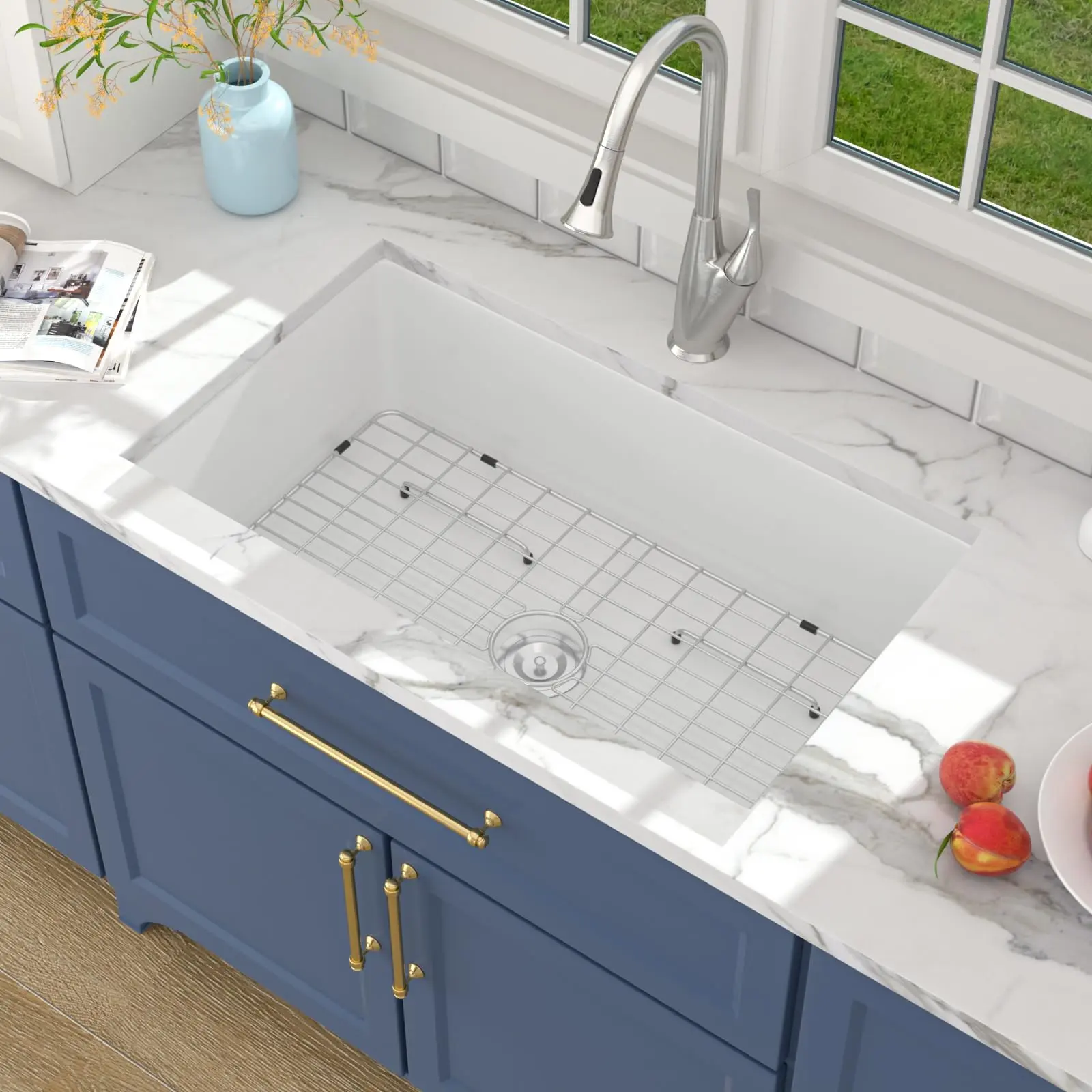 Lordear 32-Inch Fireclay Undermount Sink - 32 in W x 19 in D x 10 in H Ceramic Kitchen Sink with Sleek Undermount Design, Spacious 10" Deep Single Bowl, Durable Easy-to-Clean & Basket Strainer