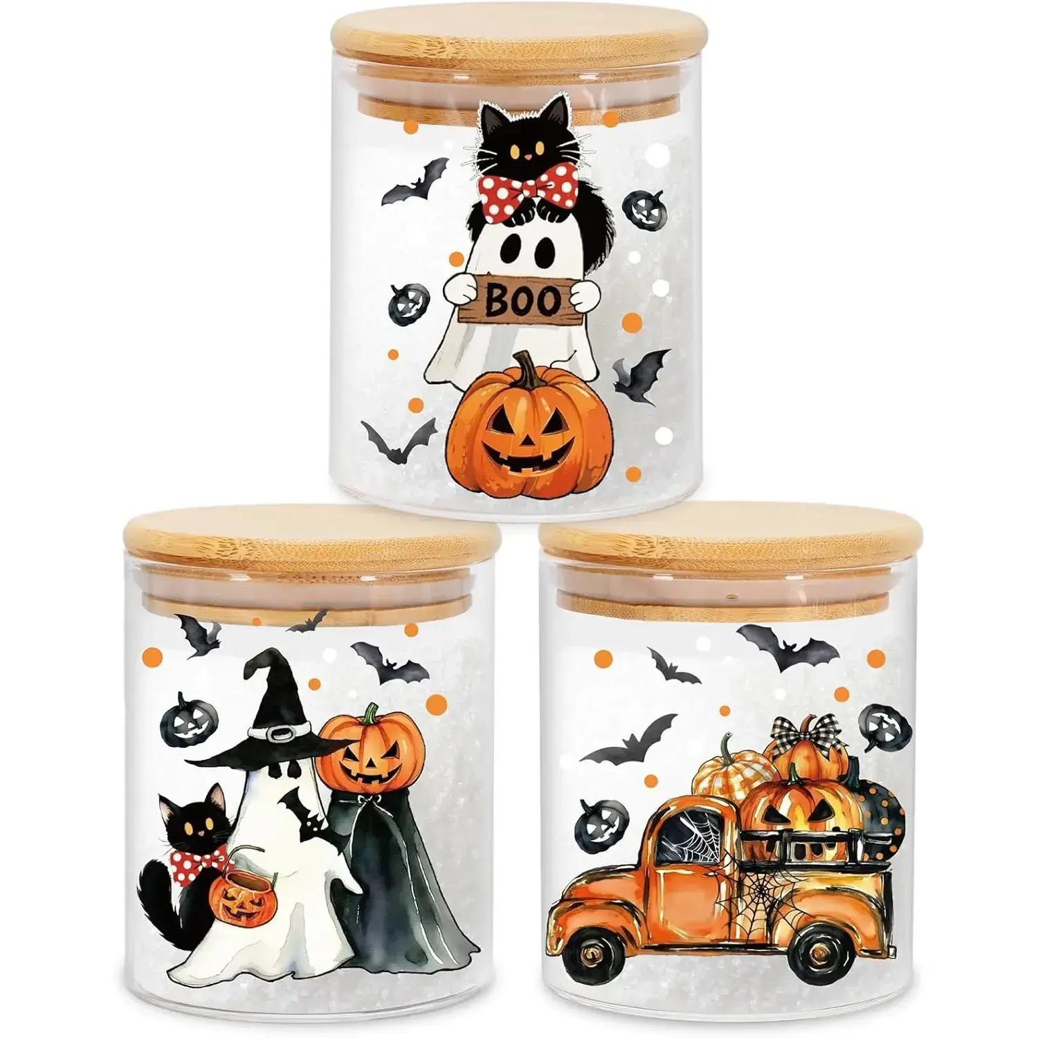 3 Pcs Halloween Transparent Durable Glass Food Storage Jars with Airtight, Odorless Lids - Festive Ghost, Pumpkin, Truck Containers Organizer Set for Home Kitchen Countertop (3.4 x 3.4 x 4.1 Inch)