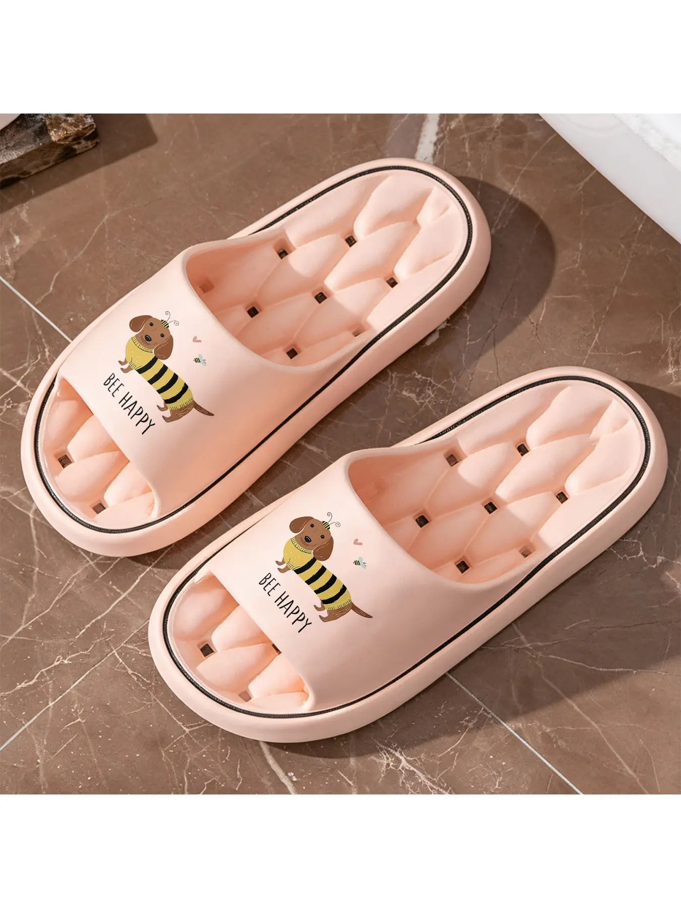 Cute Dachshund in Bee Costume "BEE HAPPY" Print Quick-Dry Hollow Out Slide Slippers, Non-Slip Drainage Bathroom Shower Shoes, Soft Cushioned Home Sandals for Dog & Humor Lovers