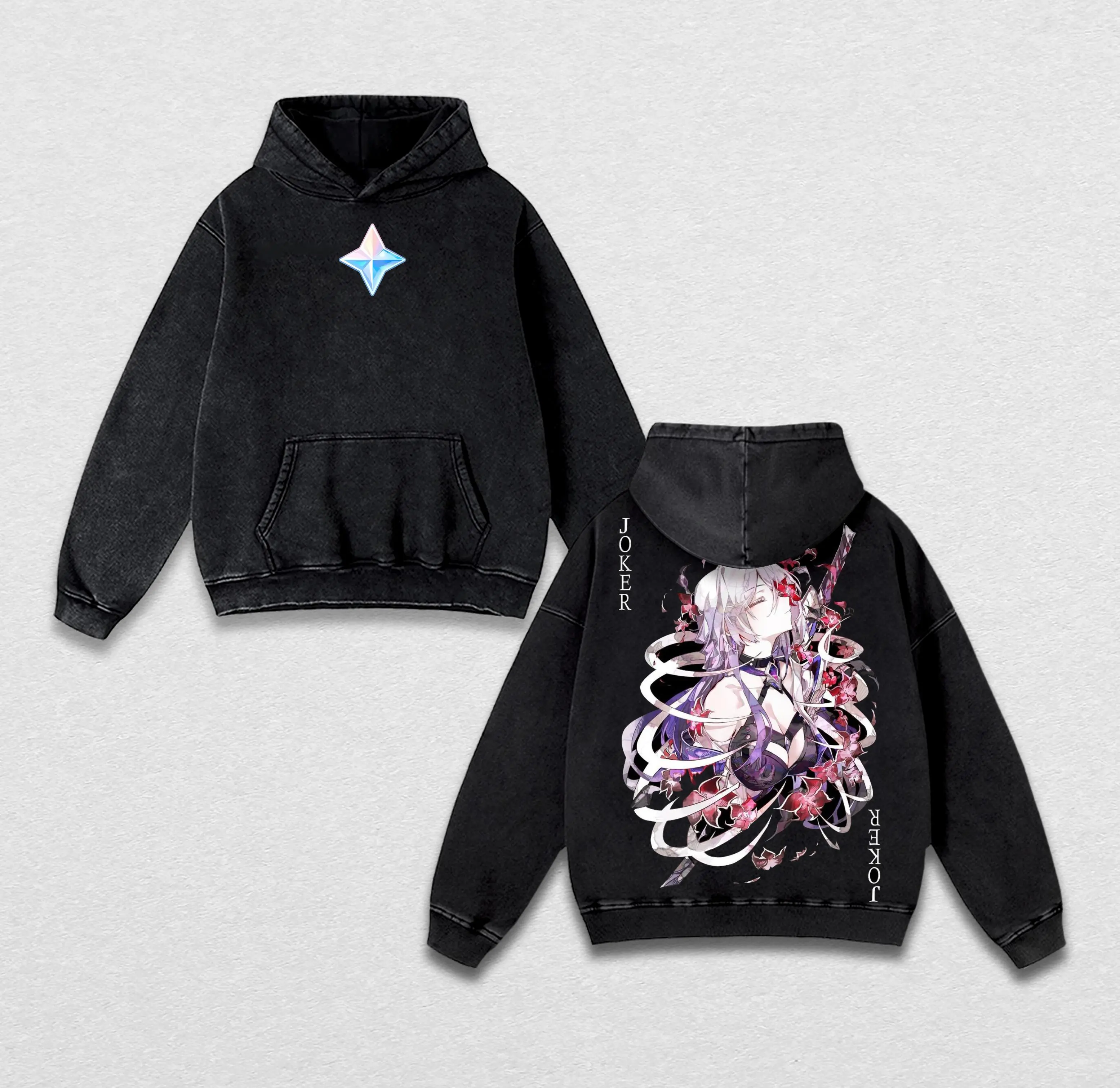 Ganyu Genshin Impact Washed Hoodie & T-Shirt – Vintage Oversized Blue Cryo Pop Art Anime Pullover & Tee, Heavy Cotton Streetwear Unisex Top, Retro Manga Gift for Fans