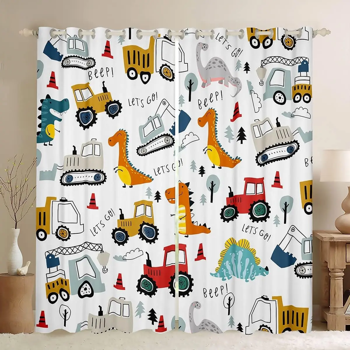 Feelyou 2-Panel Grommet Curtains - Child-Friendly Dinosaur Print Sun Protection Drapes, Modern Jungle & Equipment Truck Themed Blackout Window Treatments for Kids' Room Privacy & Home Decor, Child-Friendly Curtains