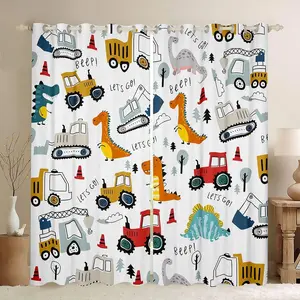 Feelyou 2-Panel Blackout Grommet Curtains - Home Textile Room Decor Curtain, Multi-Size Kids' Room Privacy Drapes with Cartoon Print, Modern Jungle Dino & Equipment Truck Themed Window Treatments