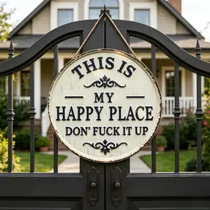 2D 8x8 Inch "This Is My Happy Place" Metal Wall Sign | Funny Farmhouse Home Decor Plaque | Unique Gift for Family, Friends & Mom | Bedroom, Kitchen & Bar Decor
