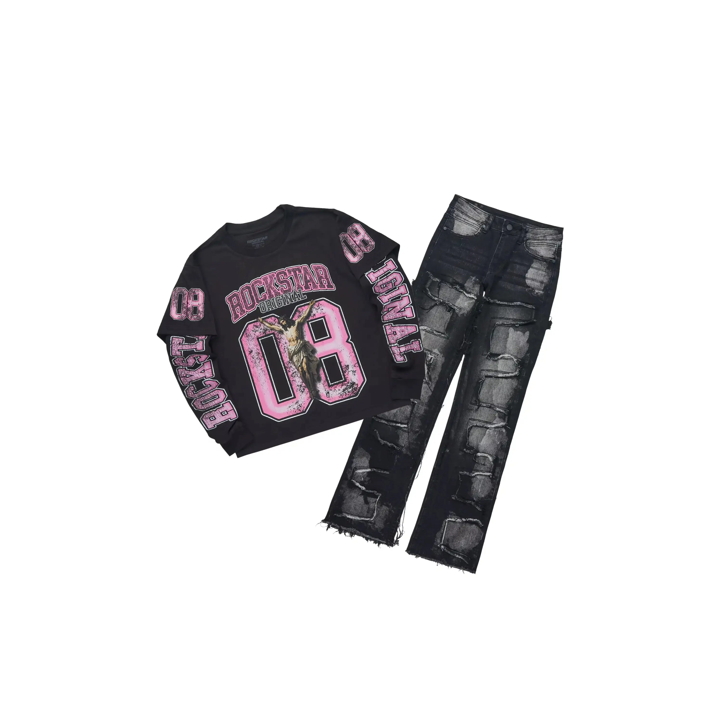 Boys Fields Black Double Layer L/S & Laban Black Bleach Stacked Jean Set