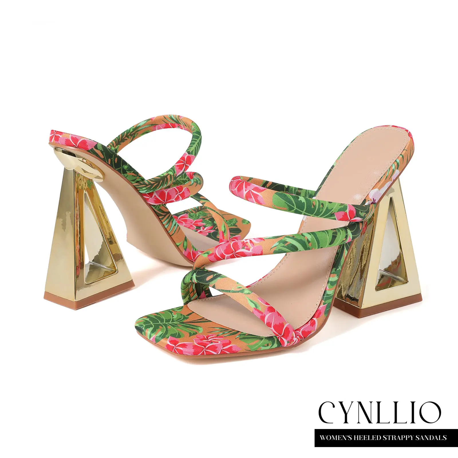 CYNLLIO Heeled Strappy Sandals For Womens Open Square Toe Slip On Multi Color Triangle Pyramid Heels Elegant Fashionable Wedding Party Outing Dating Daily Dress Summer Casual Mule Heels Sandal Shoes .