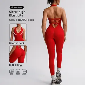 TCVC Women's Halter Lace-Up Backless Ribbed Unitard, Butt-Lifting & Tummy Control, Seamless Breathable 4-Way Stretch Fabric, Ideal For Yoga, Gym, Running & Daily Casual Wear, Spring & Summer