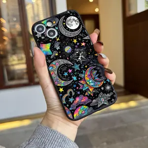Colorful Stars and Moon Fashion Romantic Aesthetics iPhone Case for iPhone 16 11 15 14 13 12 Pro Max XR Plus Black Case Protection Teen Boys and Girls Gifts Trend Items Suitable for Samsung S24 Plus