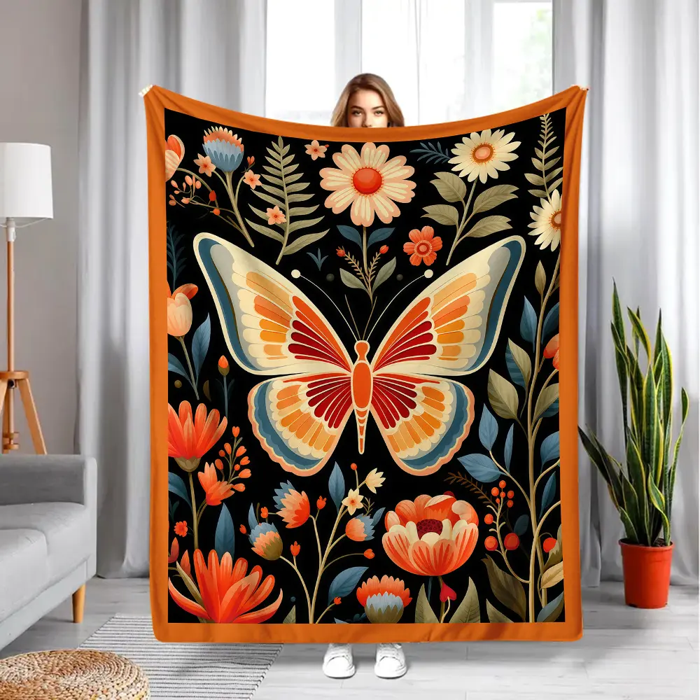 Retro Orange Floral Giant Butterfly Flower Blanket - Black Background, Warm-Tone Daisy Peony Fern Leaf Rustic Folk Art, Breathable Soft Flannel-Fleece, All-Season Bedding for Adults, Bedroom Use, Boho Fall Decor, Cozy Setup, Nature Lover Gift