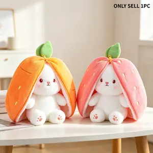 Kawaii Fruit Bunny Plush Toy - Hide and Seek Strawberry/Carrot Rabbit, Soft Reversible Plushie for Kids Birthday Christmas, Cute Surprise Stuffed Animal Pillow peluches pequenos