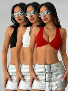 Backless Knot Short Top Slimming Fit Waist-Tightening Belly-Revealing Tee Set, Three-Piece Womenswear Fashionable Comfortable Everyday Daily Wear